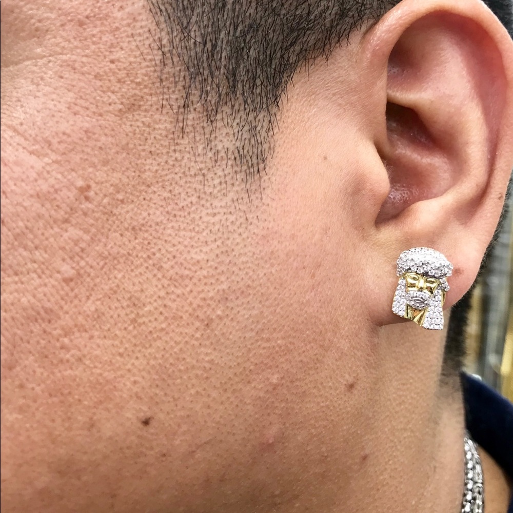 Sterling Silver ICED OUT JESUS FACE STUD EARRINGS